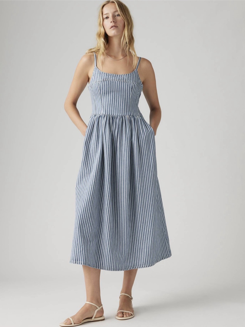 Levi's Alessie Bustier Striped Denim Midi Sundress with Pockets Size Large